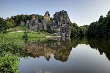 View of the Externsteine rock formation in the summer.