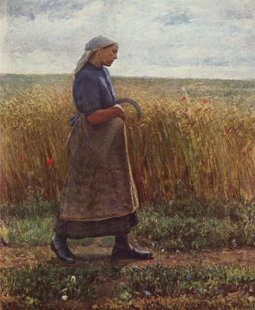 Old painting of a farmer woman before a ripe grain field.